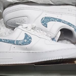 AF1 White Sneakers with Blue Patterned Swoosh